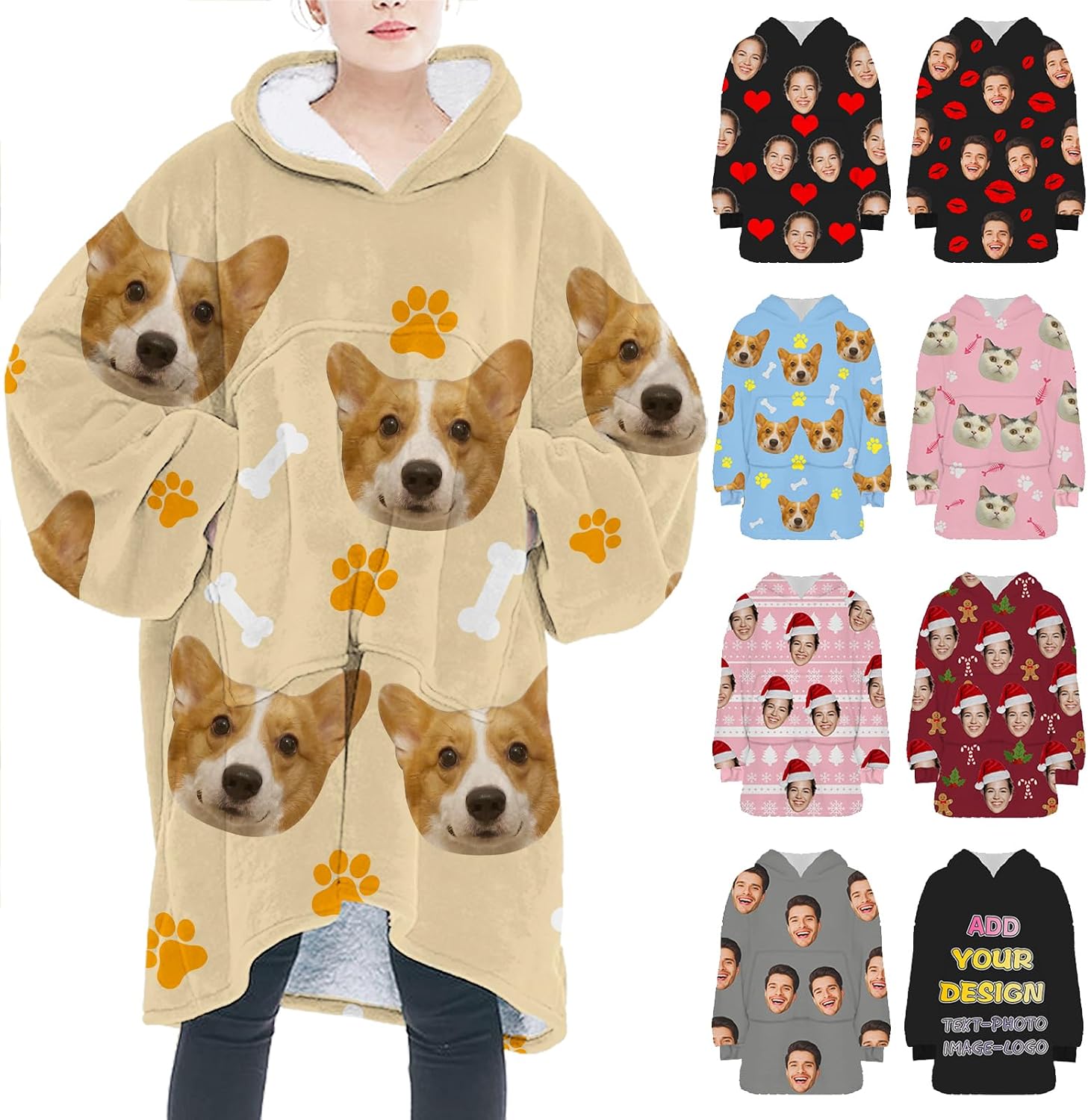 Custom Wearable Blanket Hoodie for Girls Boys, Face Personalized Oversized Sweatshirt Throws for Valentine Gifts