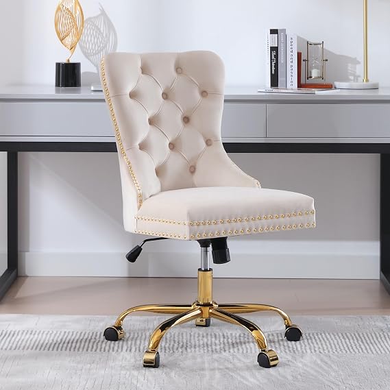 ABET Velvet Swivel Desk Vanity Chair, Gold Armless Tufted High Back, Beige