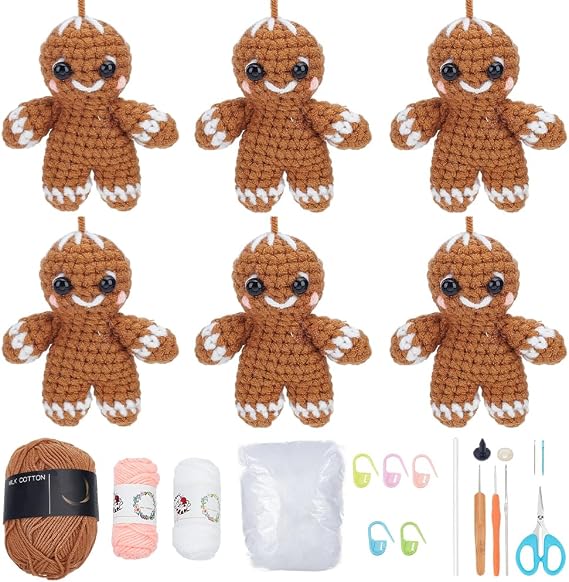 FREEBLOSS 6 Set Crochet Gingerbread Man Crochet Kit for Beginner Christmas Crochet Kit with Step by Step Video Handmade Crochet Set Christmas Ornament Learn to Knitting Kits for Adults