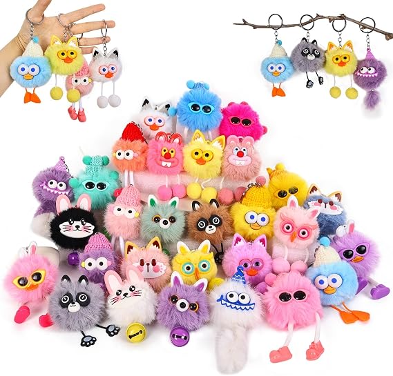 30 Pcs Cute Plush Keychains Key Chain Kawaii Keychain Bulk Bag Charm | for Birthday Goodie Bags, Party Favors Treasure Box Classroom Prizes Carnival Rewards