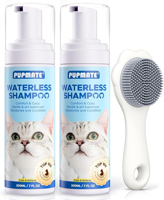 Cat Waterless Shampoo with Cat Brush - No Rinse Foam Dry Shampoo | Deep Cleansing Relieves Itchy Skin & Shedding | Gentle, pH-Balanced for Kittens Sensitive Skin | Specifically for Cat Bath | 7 oz*2