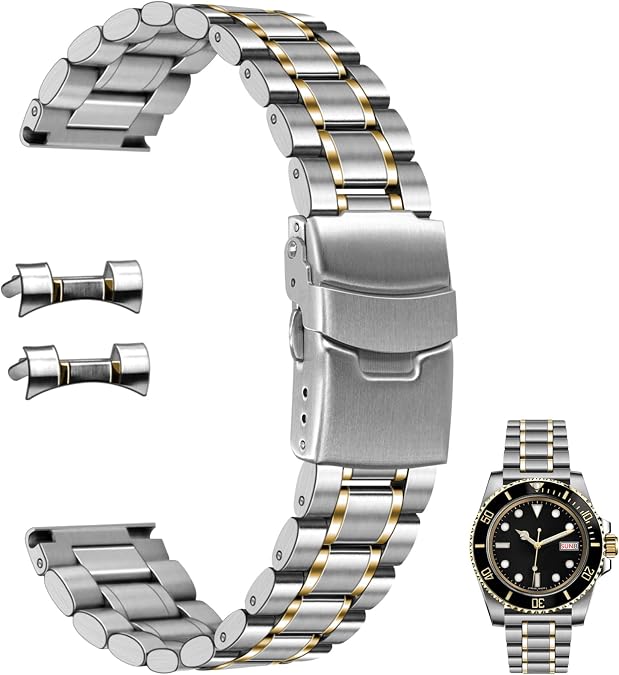 Juntan 20mm 22mm Stainless Steel Watch Band Curved End Straight End for Men Women Metal Watch Bands Strap Quick Release Replacement Bracelet with Double Folding Buckle Silver