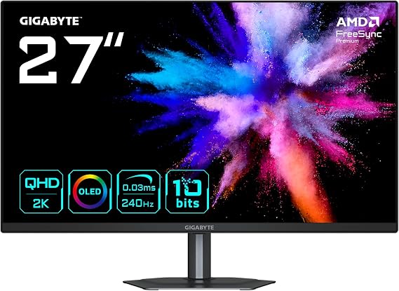 GIGABYTE GO27Q24 26,5" QD-OLED Gaming Monitor, QHD (2560x1440), 240Hz, 0.03ms GTG, HDMI 2.0 & DP 1.4, HDR10 400 nits, 99% DCI-P3, USB-C, FreeSync Premium Pro, G-SYNC Compatible