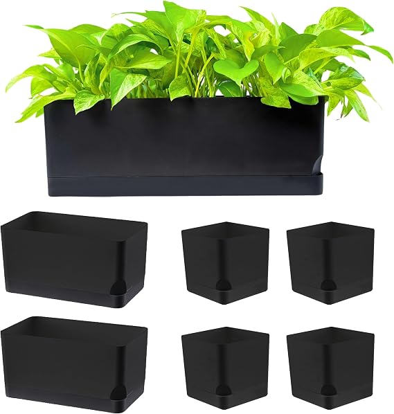 LaLaGreen Planters for Indoor Plants (7 Pack) Rectangular Flower Boxes | Self-Watering System Black Window Box Planter, Plastic Herb Garden Long Windowsill Plant with Drainage Modern Stylish Outdoor