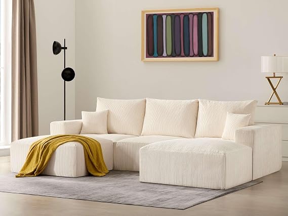 Sectional Cloud Boneless Sofa Couches for Living Room-113'' Beige 3 Seater U-Shaped Modern Lounge Couch-No Assembly Modular Corduroy Convertible Sponge Sleeper Sofas with Chaise for Home House
