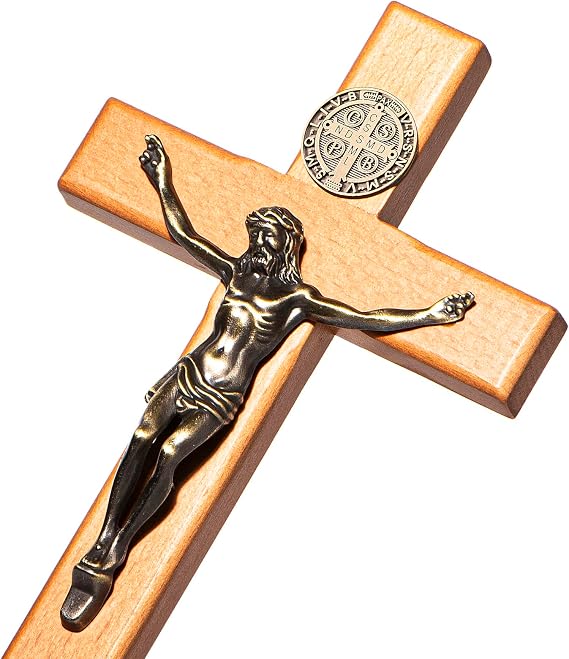 ACHIBANG Crucifix Wall Cross, 10in Wooden Catholic Jesus St Benedict Decor