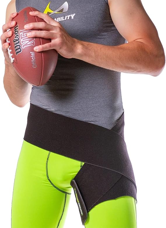 BraceAbility Hip Support Groin Brace - Hamstring Compression Wrap for Sciatica Pain Relief, Labral Tear, Thigh, Groin Pull - Sciatica Hip Brace for Men or Women (One Size)
