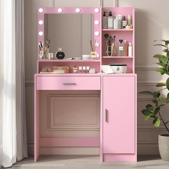 35.4" Pink Makeup Vanity Desk with Mirror & LED Lights, Cute Make Up Table Vanitys with 3 Level Storage Dresser and Large Drawer, 3 Lighting Modes Adjustable Brightness for Bedroom (Baby Pink)