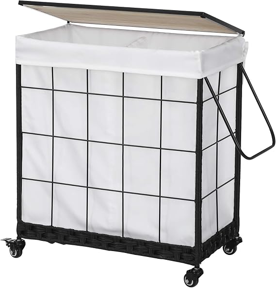 110L Laundry Hamper with Wood Lid, Rolling Laundry Basket with Liner Bag | Dual Laundry Compartments; Lockable Wheels; Reinforced Steel Frame; Durable Metal Handle; Easy Assembly