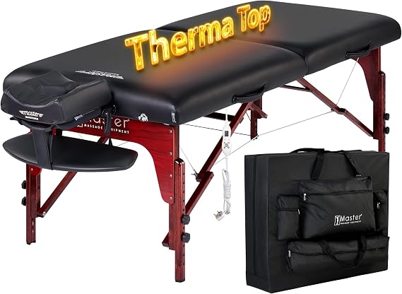 79cm Montclair ThermaTopTM Master Massage Portable Massage Table with Memory Foam, Reiki Panels, Shiatsu Cables(Black& Mahogany) Esthetician Bed- Lash Table
