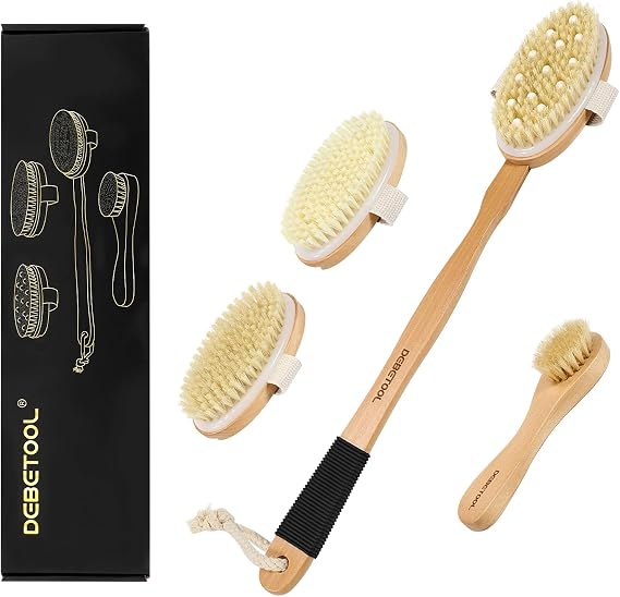 DEBETOOL Dry Brush Set for Body & Face - Dry Brushing Body Brush with Long Handle & 3 Replacement Heads (Soft/Medium/Firm) for Lymphatic Drainage Cellulite