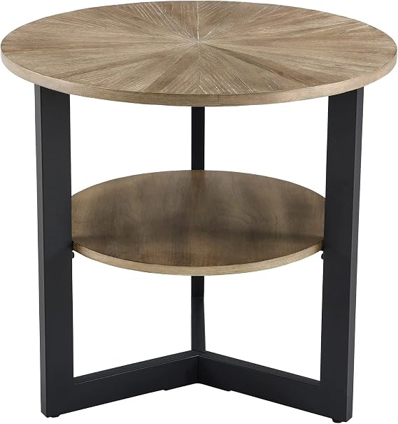 Solid Wood End Table, Round Side Table with Steel Frame for Small Space, Small Coffee Table with 2 Shelves for Living Room, Bedroom, Nightstand, Black CJZ1338
