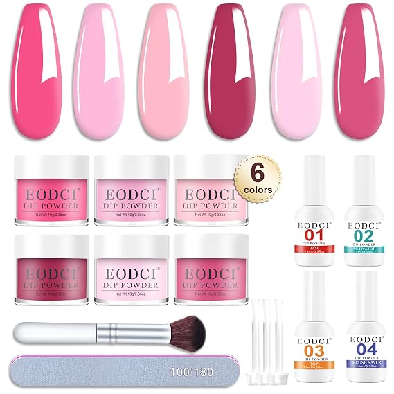 Eodci Dip Powder Nail Set, 6 Colors Hot Pink Series 12 Pcs Dipping Powder Kit With Base & Top Coat/Activator/Brush Saver,Nail Art Dip Manicure Kits Odor-Free&Long-Lasting, No Needed Nail Lamp Curing