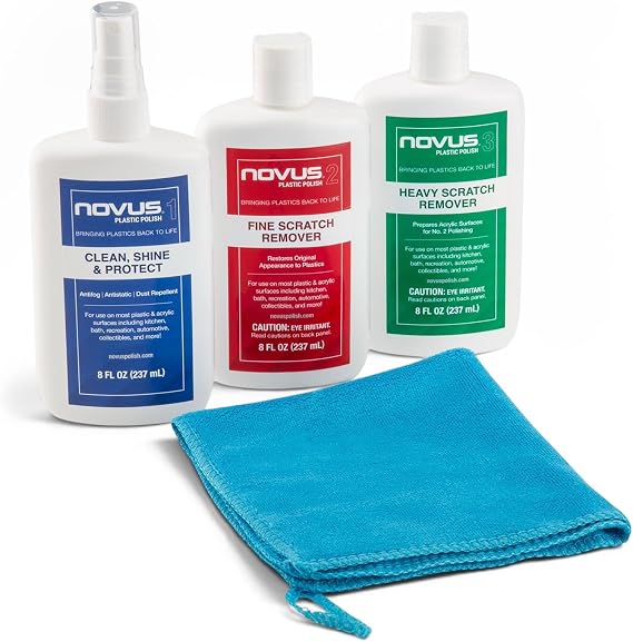 NOVUS-PK1-8 | Plastic Clean & Shine #1, Fine Scratch Remover #2, Heavy Scratch Remover #3 and Blue Microfiber Towel | 8 Ounce Bottles