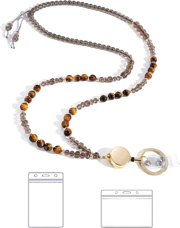 BettDecor Lanyards for ID Badges and Keys,Natural Stone Beaded Teacher Lanyard for Women,Retractable Lanyard with ID Holder Cute Lanyards for Teachers(brown)