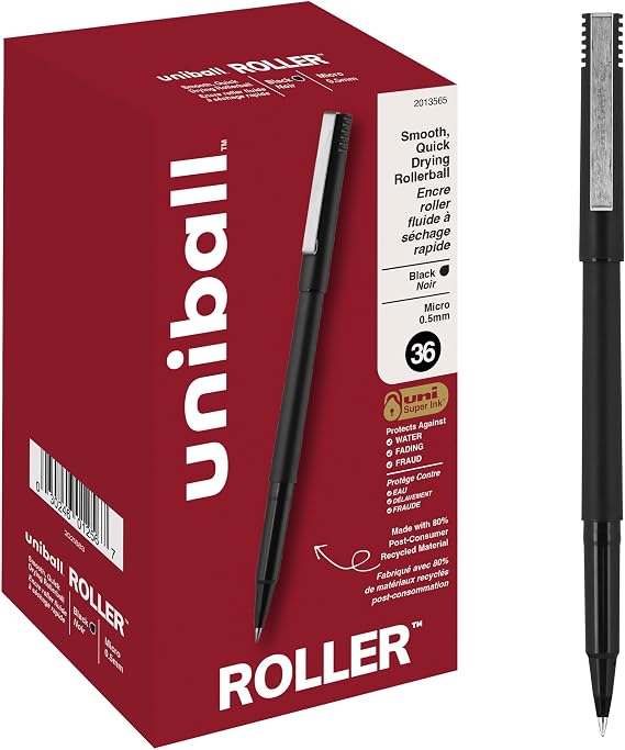 uniballTM Roller Rollerball Pens, Micro Point (0.5mm), Black, 72 Pack