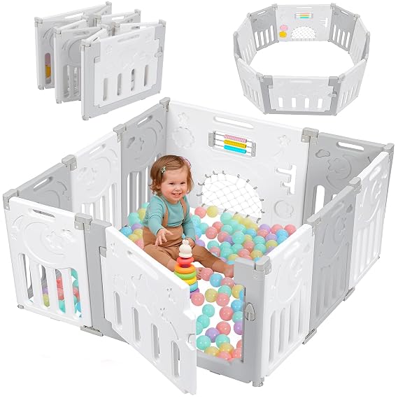 Baby Playpen, 10-Panel Foldable Play Pen for Babies 6-12 Months, Grey White