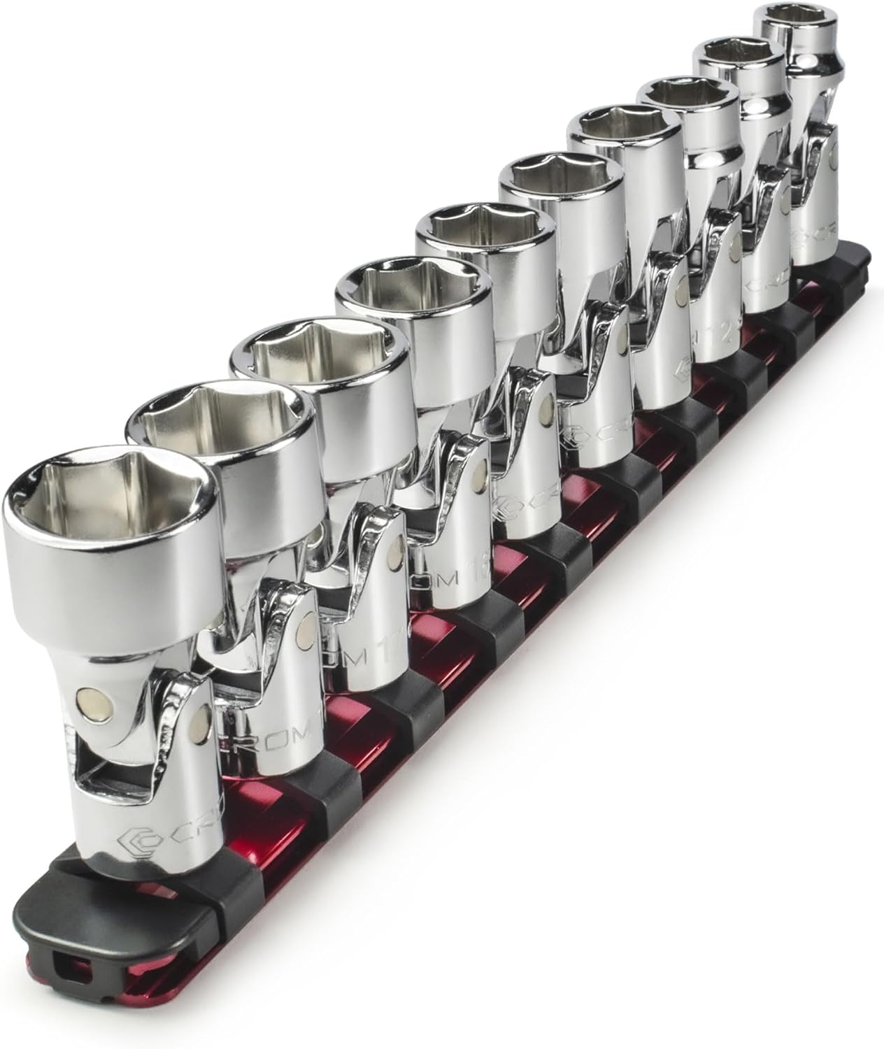 CROM Universal Flex Socket Set - 38 Inch Drive 6-Point 10-Piece Swivel Socket Set from 10mm to 19mm Metric - Swivel Joint for Easier Access to Tight Spaces - Aluminum Socket Storage Rail Included