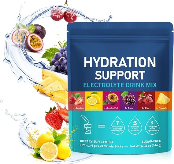 Electrolytes Powder Packets,Electrolytes Powder with Hydration Nutrition,24 Sticks Sugar Free Hydration Drink Mix,Rapid Rehydration Sachets for Sports