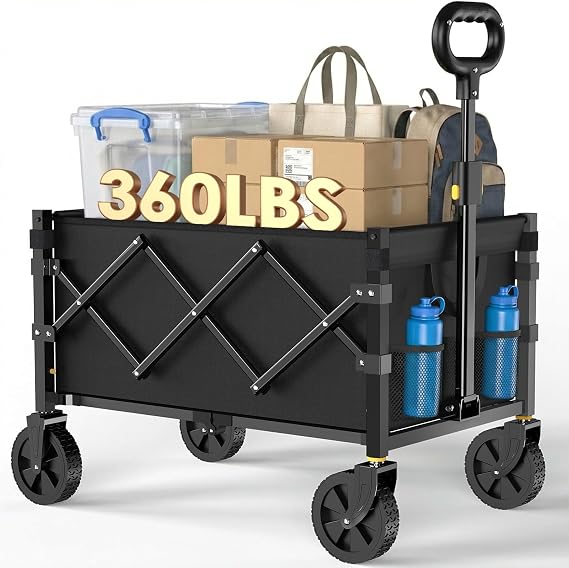 Collapsible Wagon Cart with Wheels Foldable, 360lbs Large Capacity Portable Folding Utility Heavy Duty Beach Wagons Cart with All-Terrain Wheels for Shopping, Camping, Sports, Garden