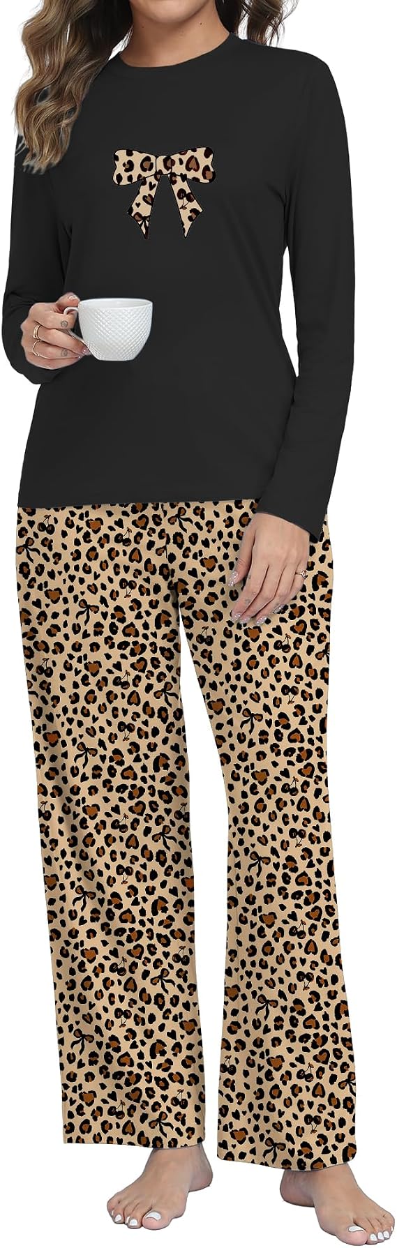 COSSEN Women's Pajamas Sets 2 Piece Sleepwear, Long Sleeve Bow Embroidered Top and Pants with Pocket Soft Lounge Pjs