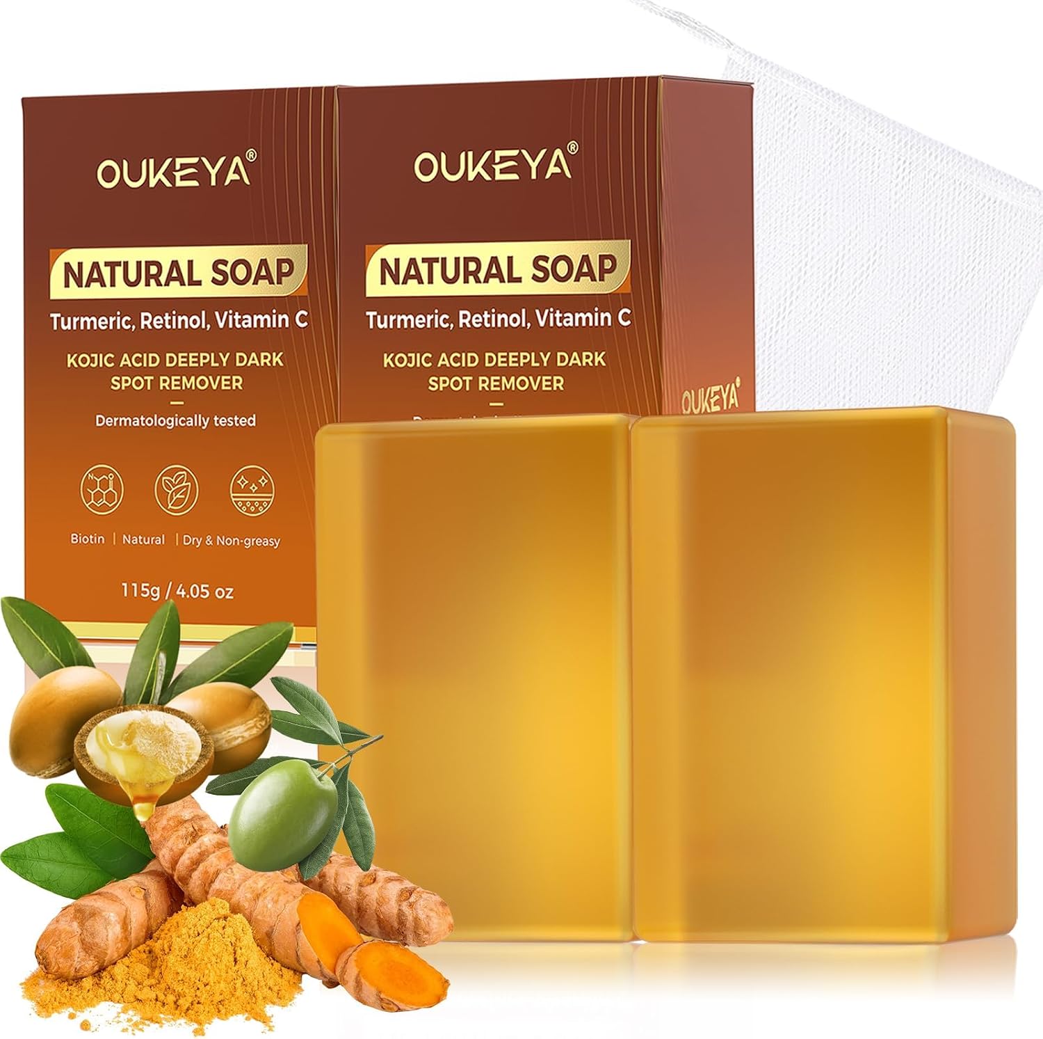 OUKEYA Kojic Acid & Turmeric Soap for Face & Body, Dark Spot Remover, Fades Acne Scars & Spots, Brightening & Moisturizing with Vitamin C, Retinol & Hyaluronic Acid, Shea Butter, with Net 2 PCS