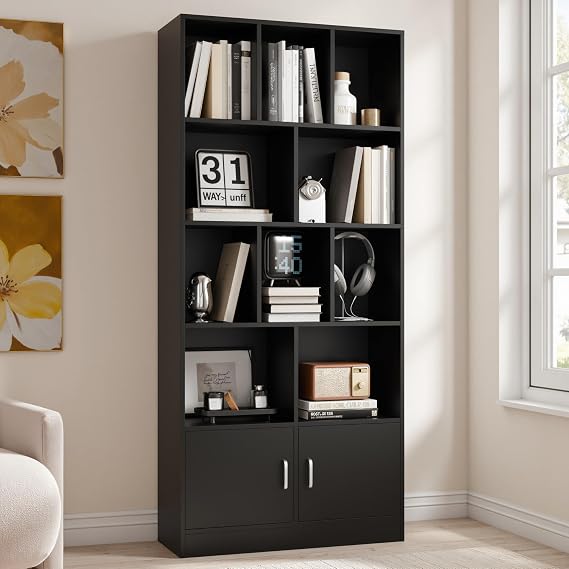 Cozy Castle 70" Tall Black Bookshelf with 12 Cubes and 2 Doors, 4-Tier Open Shelf Bookcase with Cabinet, Modern Cube Storage Organizer for Living Room, and Office