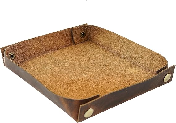 Leather Valet Tray for Men & Women Handmade Catchall Organizer for Keys, Wallet, Coins, Jewelry, Watch | Premium Full-Grain Leather EDC Tray with Brass Rivets for Desk (Brown)