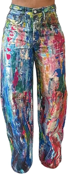 Women's Tie Dye Print Splash Jeans Baggy Printed Wide Leg Pant High Waisted Vintage Pants with Pockets