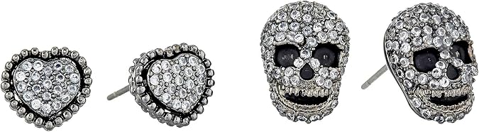 Betsey Johnson CZ Pave Heart & Skull Duo Set of Stud Earrings