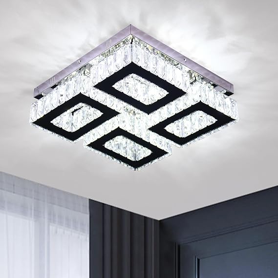 13.1" Square Crystal Flush Mount Chandelier Ceiling Light White | K9 crystal flush mount ceiling light Stainless Steel LED Chandelier for Living Room Bedroom Dining Room [Energy Class E]