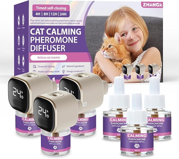 Cat Calming Diffuser Kit with Timer Cat Pheromone Diffuser 3-Pack (48ml Each) Helps Reduce Stress, Spraying, Fighting, Excessive Meowing & Scratching