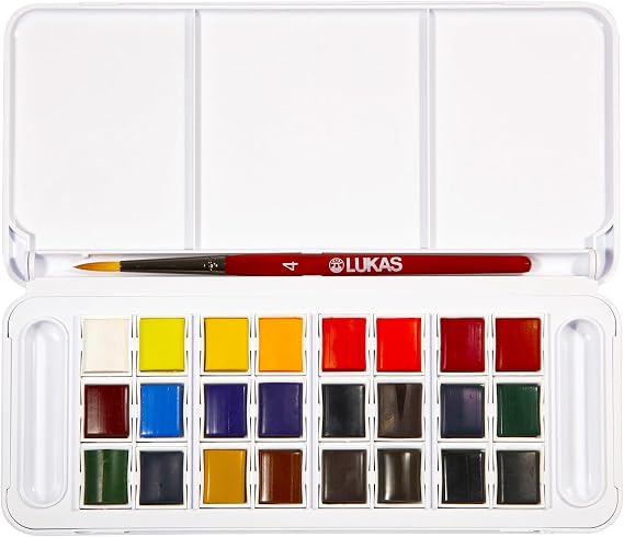 Lukas Studio Watercolor Set of 24 Half-Pan Colors, Travel Watercolor Set Includes Color Mixing Palette and Brush