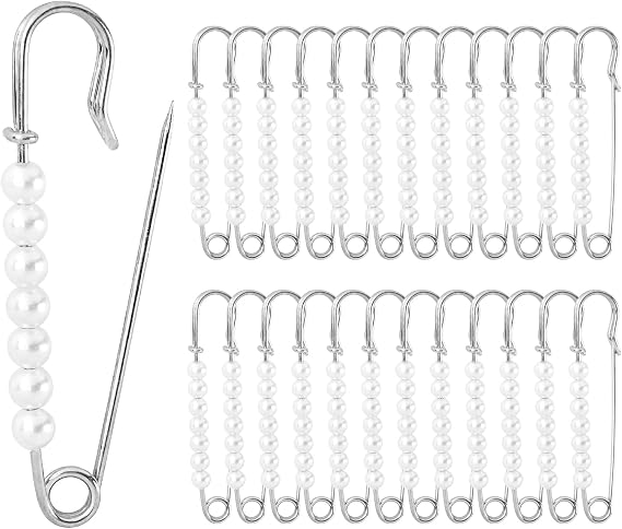 Faux Pearl Safety Pins, 10pcs 2.76inch Sweater Shawl Clip Brooch Pins with 7pcs Pearl Beads for Women Clothing Dress Pants Skirt Waist Pants Extender Dressing Accessories (Silver)