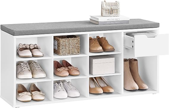 VASAGLE CUSTOS Collection - Storage Bench, Entryway Bench with Cushion, Drawer and Open Compartments, Bench with Storage, Living Room, Bedroom, Closet, White and Gray ULHS24WT