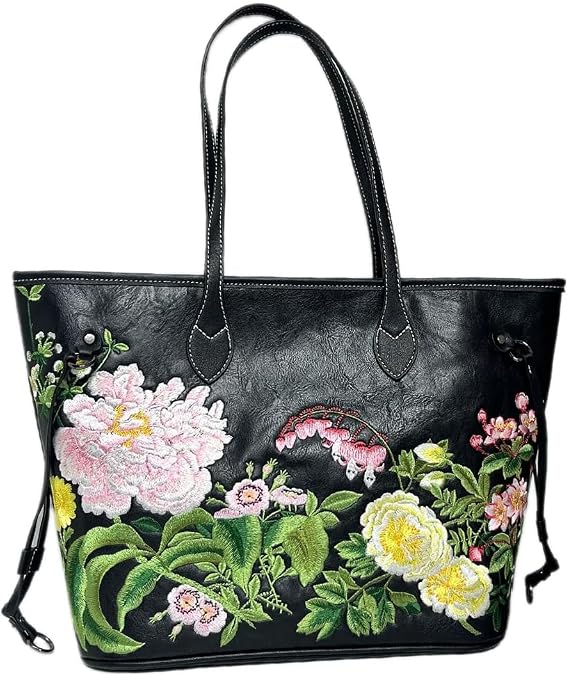 Embroidery Leather Tote Bag for Women Western Flower Totes with Zipper Large Shoulder Handbag