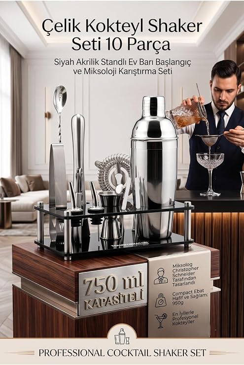 Transformacion Kokteyl Shaker Seti 10 Parça Siyah Akrilik Standlı, 304 Paslanmaz Çelik, 750 ml