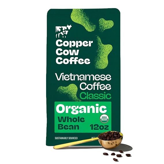 Copper Cow Premium Vietnamese Whole Bean Coffee, 12 OZ | Organic Classic | Dark Roast Made from Robusta Beans | 100% Vietnamese Coffee, Smooth, Bold Robusta, No Artificial Flavors