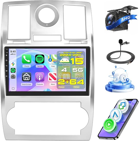 4 Core+64G Android Car Radio Stereo for Chrysler 300C 2004-2011 with DSP/Wireless Carplay/Android Auto, 9'' Touchscreen Chrysler 300 Radio with GPS WiFi BT FM/RDS Mirrorlink SWC Backup Camera