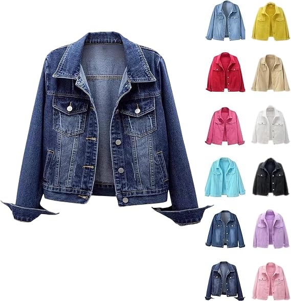 Womens Denim Jackets Trendy Vintage Slim Fit Distressed Ripped Long Sleeve Button Down Jean Jacket Coats with Pockets