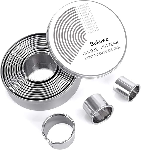 Bukuwa 12 Pcs Round Cookie Biscuit Cutter Set, Graduated Circle Cutters