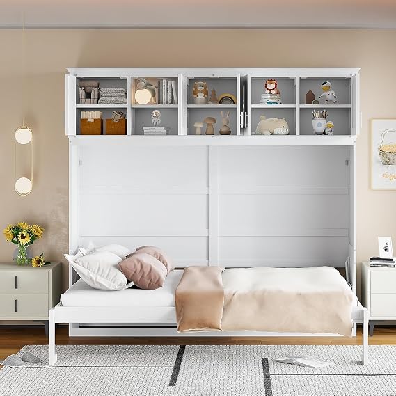 Queen Horizontal Murphy Bed with Storage Cabinet,Wood Folding Murphy Wall Bed for Adult (White,Queen)
