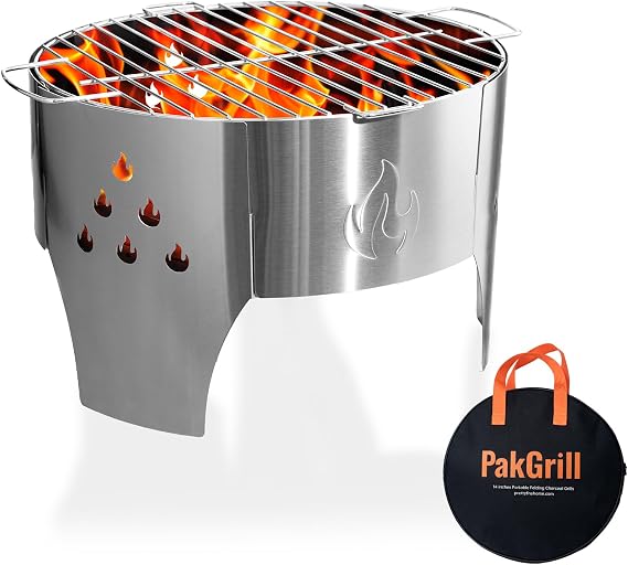 14" Portable Folding Campfire Grill, Stainless Steel Charcoal Grill with Carry Bag for Camping, Bonfire, Picnic and Backyard Cooking