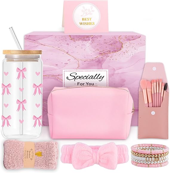 Gifts for Girls Teenage 9 10 11 12 13 14 Year Old, Birthday Gifts for Girls | Presents Girl Age 8-15 Glass Cup with Lid and Straw, Makeup Brushes Cosmetic Bag Bracelets Socks Headband, Bow Coffee Cup