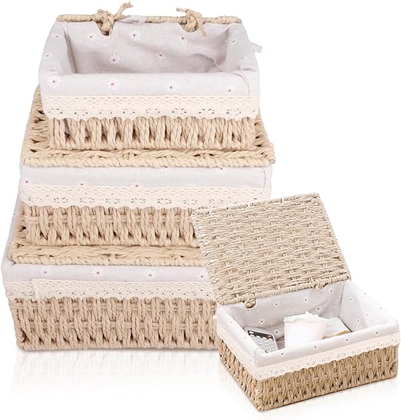 Storage Basket with Lid Set of 3 Hand-Woven Basket Stackable for bathroom and living room 3 sizes (Khaki)