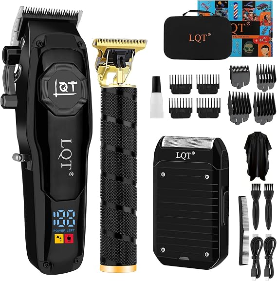 4-in-1 Men's Hair Clippers Kit, Includes Nose Hair Trimmer, Electric Shaver, and Engraving Trimmer, Wireless USB Rechargeable Grooming Set, Blue Ombre Design, Ideal Gift for Men (Black)