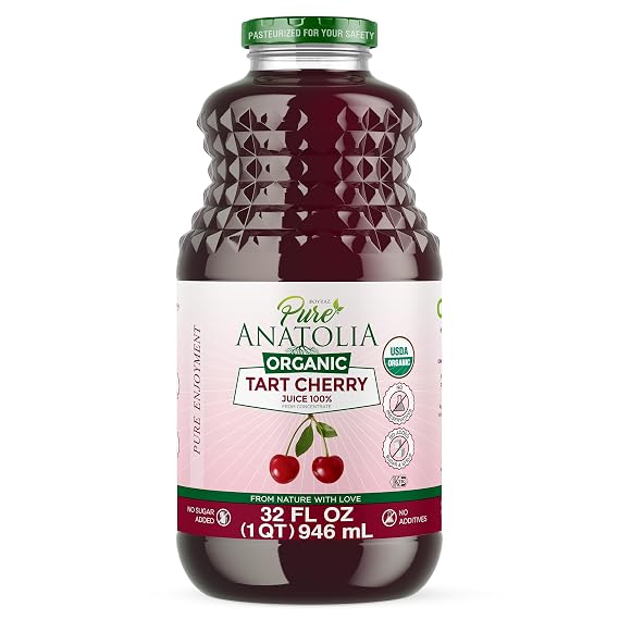 Pure Anatolia Organic Tart Cherry Juice 32 fl oz - Unsweetened Pure Tart Cherry Juice Organic - No Sugar Added, Non GMO, Gluten Free, Kosher - Sour Cherries Bottle (Pack of 1)
