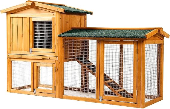 Rabbit Hutch, Indoor Rabbit Cage, Outdoor Bunny Cages with Run &Feeder, Pet House with Deeper No Leak Tray, UV Panel, Removable Bottom Wire Mesh & PVC Layer for Small Animals