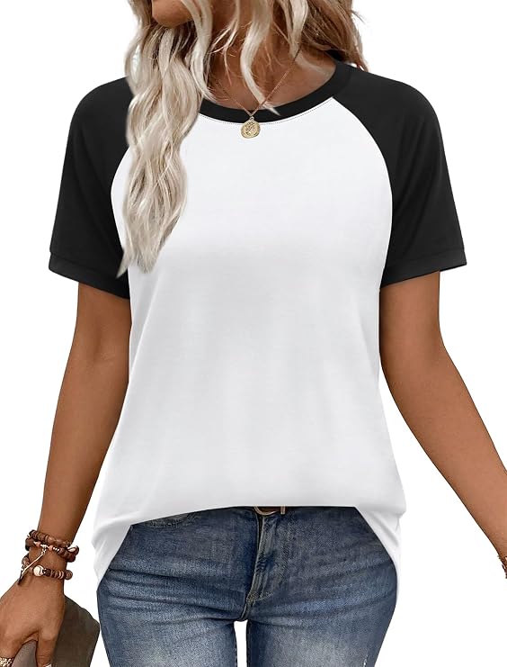 WIHOLL Womens Summer Tops Color Block Short Sleeve Raglan Shirts Spring Fashion Clothes Vacation Outfits