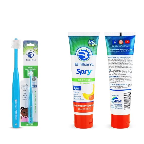 Brilliant Oral Care Bundle; Pack of 1 Child Toothbrush with Soft Bristles Round Head - Sky Blue & Kids Fluoride Free Toothpaste, Spry Gel with Xylitol, Strawberry Banana